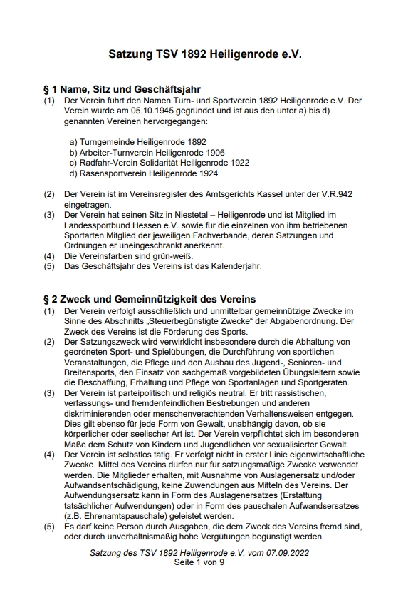 Satzung TSV 1892 Heiligenrode e V 2022